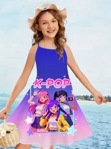 Neon Gradient Kpop Dancewear Girls' Tank Dress, Gradient Girl Group 3D Print Sweet Cool Stage Dress