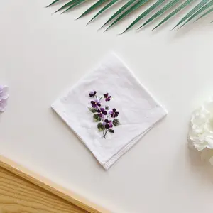 Purple Violet Flowers Wedding Hand-Embroidery Linen Handkerchief Custom Wild Flowers Handkerchief Women Embroidery Handkerchiefs