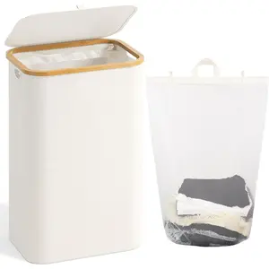 100L Laundry Hamper with Lid, Large Laundry Basket with Bamboo Handles, Clothes Hampers for Laundry with Removable Bag, Dirty Clothes Hampers for Bedroom, Beige