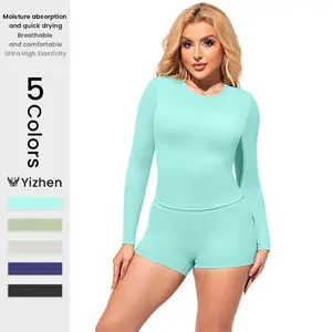 Yizhen Women's Long Sleeve Workout Set - Green High Waisted Shorts & Ultra-Stretchy Top, Moisture-Wicking, Quick-Drying, Breathable, Ideal for Gym, Yoga, Training & Daily Wear