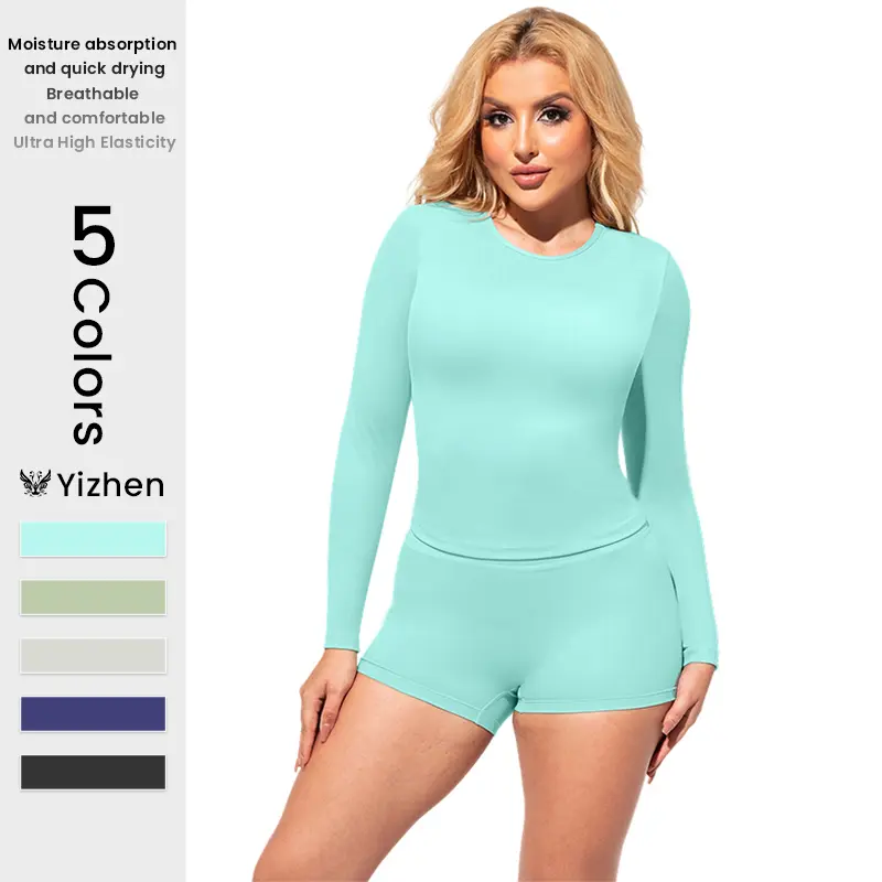 Yizhen Women's 2-Piece Long Sleeve Workout Set - Green High-Waisted Shorts, Ultra-Stretchy Top, Moisture-Wicking, Quick-Drying, Breathable, Ideal for Gym, Yoga, Daily Wear, Two Piece Set
