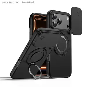 Case with Slide Camera Cover & Rotatable Ring Kickstand, Military - Grade Shockproof Protective Case for iPhone 13/14/15/16/17 Series