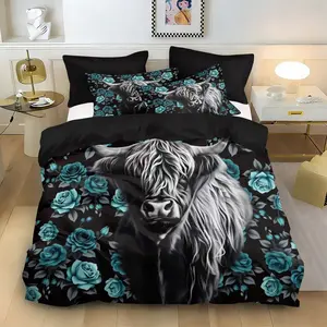 Highland Cow & Rose Print Duvet Cover Set, 3 Counts/set Including 1 Duvet Cover & 2 Pillowcase without Filler, Soft Comfortable Bedding Set for Bedroom Bed Sets