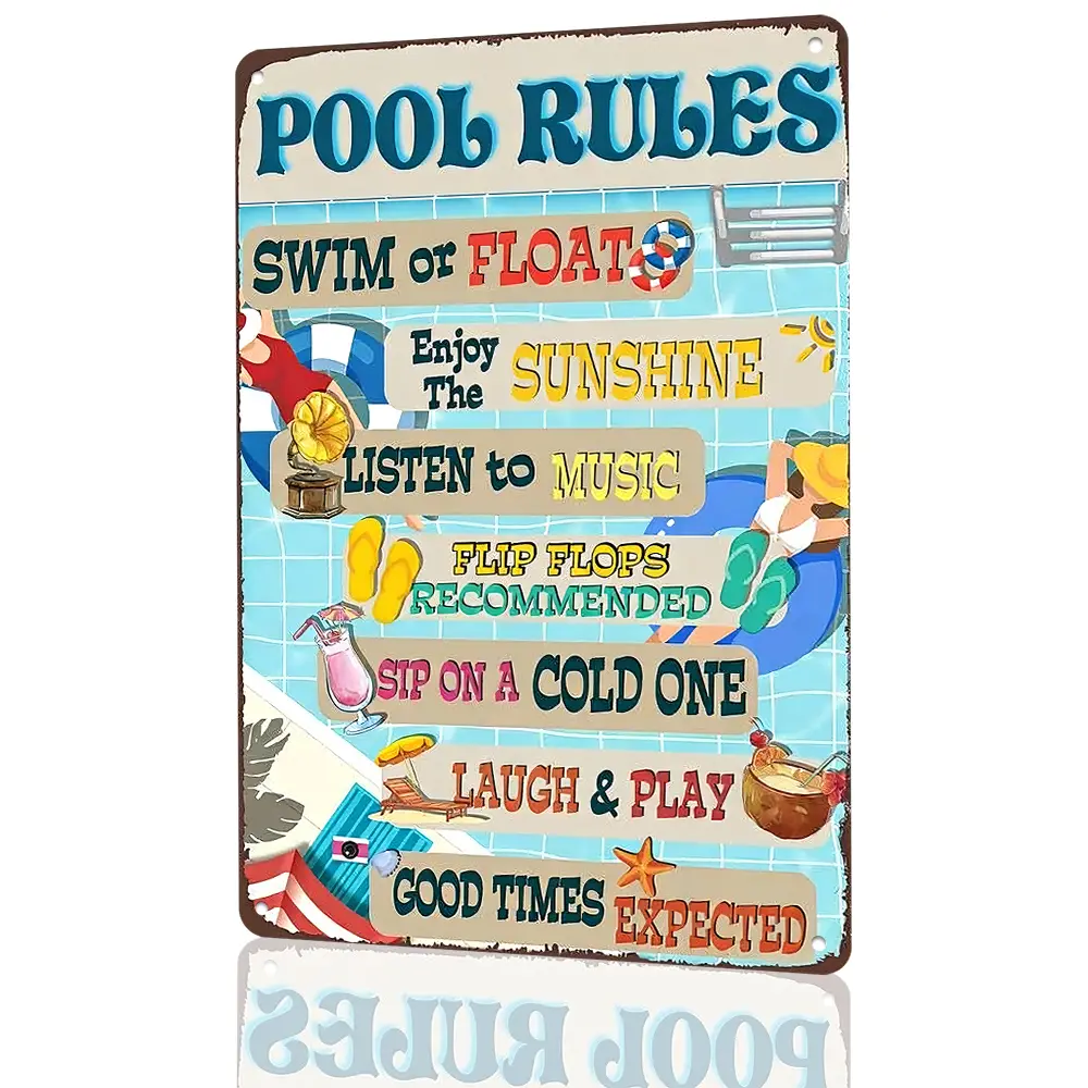 Pool Rules Swim or Float Colorful Aluminum Metal Sign - 8x12 Inch Retro Poolside Wall Decor for Backyard Pool, Patio, Home Bar & Summer Outdoor Area - Fun Gift for Pool Owners, Summer Lovers & Beach House Decor Enthusiasts Water Proof Tropical