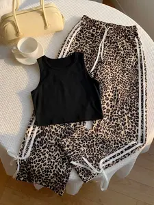 Hype Y2K Coquette 2 Piece Set, Womenswear, Basic Tank Top & Leopard Print Pants with Side Stripe and Bow Details, Dailywear Outfit, Perfect for Slaying Styles, Viral TikTok Trend, 2026 Summer Essential, Soft Comfortable Fabric, Slaying Look