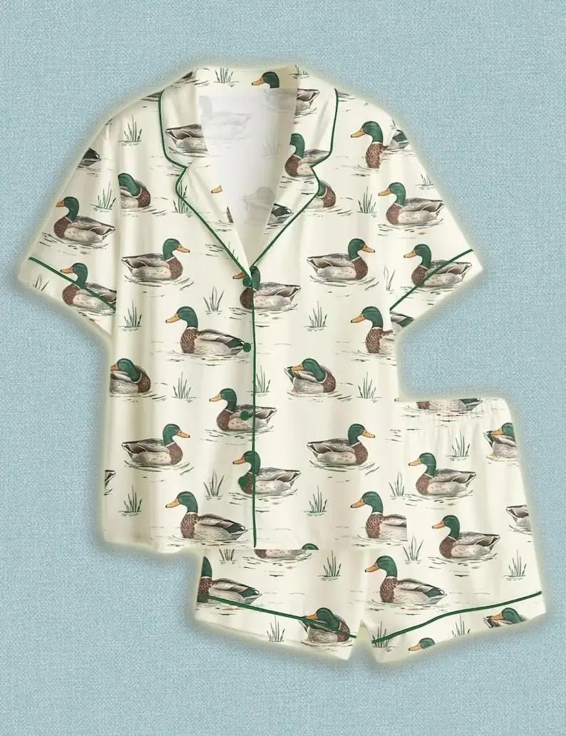 Watercolor Mallard Duck Hunting Satin Pajama Set Fun & Stylish Sleepwear Unique PJs with Design Pajama Gift For Her Adult 100% Polyester Satin Loungewear Pants