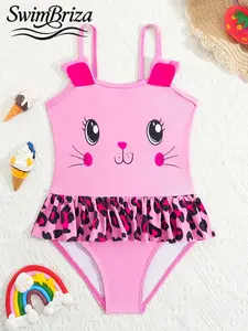 Briza｜Girls One Piece Swimsuit With Soft Stretch Pink Bunny Face And Leopard Ruffle Skirt, Cute Bathing Suit And Bathing Suits For The Summer, One Piece Bathing Bathingsuit For Beach Vacation Pool Play And Confident Splash Style