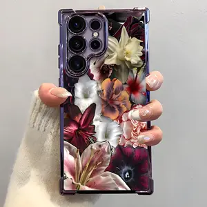 Vintage Gothic Vibe Floral Collage Phone Case, Electroplated Cover with Airbag Shockproof Slim Soft TPU Cover for Samsung S26 S25 S24 S23 S22 Ultra S25Edge S24FE Plus S25+ Lilies