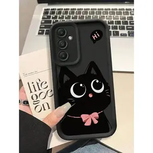 Black Cat & Bowknot Painted Delicate Sunken Tactile Thick Anti-Drop Painted Phone Case With Samsung Galaxy Series A54/A53/A52(A52S Compatible)/A34(5G)A32(5G)/A14(5G)/A13 5G/A04S/S21/S21U/S22/S22U/S23/S23+/S23U And S24 Series A15/A35(5G)/A55(5G)/A25(5G)
