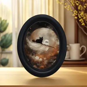 Vintage Halloween Ghost Cat Witch Broom Wall Art Handmade Oval Wooden Decor (5.25x4.16 Inches), Holiday Decoration, Decorative Artwork