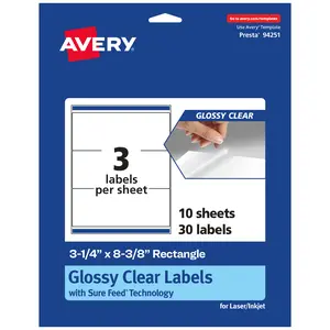 Avery Glossy Clear Rectangle Labels with Sure Feed, 3-1/4" x 8-3/8"