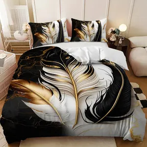 Bedding 3-piece set - Modern Bedding Set, 3PCS,Black, Gold and Silver Feather Marble Pattern Down Comforter Set (1 comforter cover + 2 pillowcases, filling not included).soft and comfortable, suitable for family bedrooms.