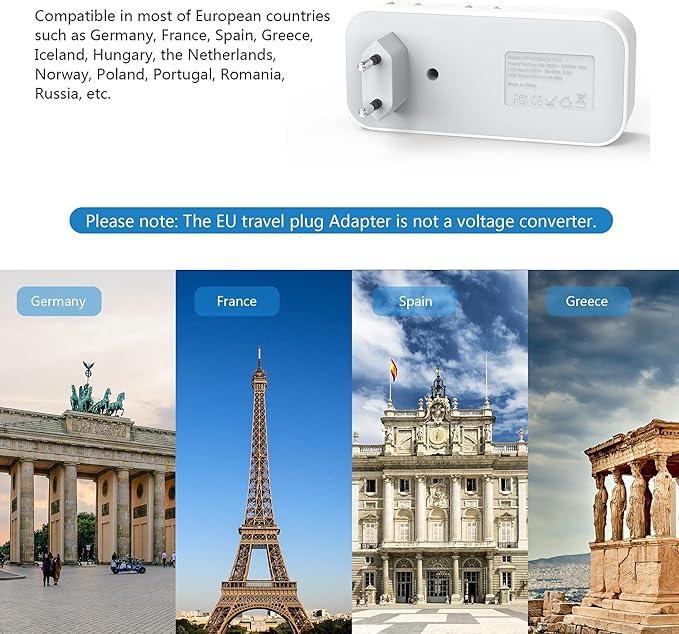 European Travel Plug Adapter, International Power Plug Adapter with 6 Outlet 4 USB(1 USB C), Type C Plug Adapter Travel Essentials to Most Europe EU Italy Spain France Germany Switzerland Portugal