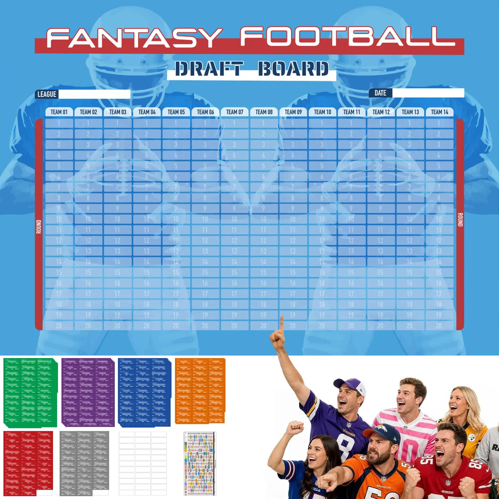 2026 Season Fantasy Football Draft Board Kit - 5.3x3.7ft Large Board, Up to 14 Teams, 20 Rounds, 600+ Upgraded Player Stickers