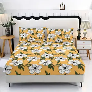 3 pieces of 100% polyester yellow background floral printed home bedding, including one bedsheet and two pillowcases (without padding) that are skin friendly, soft, comfortable, and available in multiple sizes, suitable for dormitories, etc