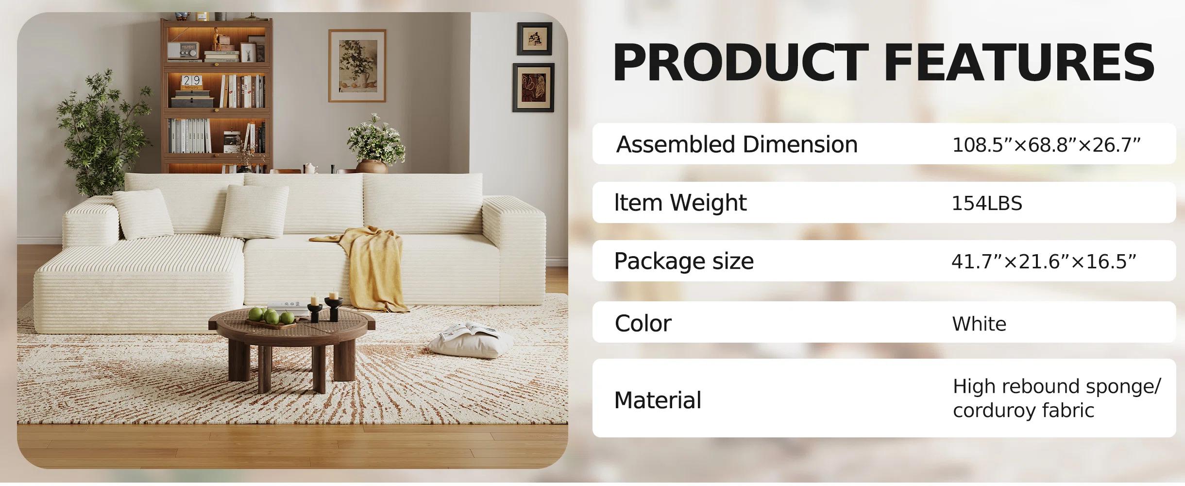 108” Modular Sectional Cloud Sofa For Living Room Modern Minimalist Couch With L-shaped Chaise Upholstered Corduroy Couch , Deep Seat, No Assembly Required