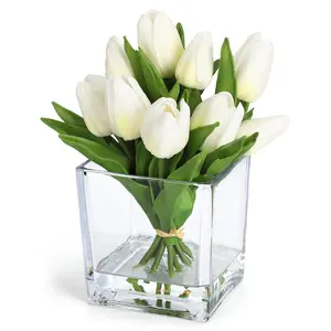 12 Pcs Artificial Tulips Flowers, Real Touch Faux Tulip Stems for Vase, Home Kitchen Wedding Dining Table Decorations, Ideal Gift for Mother's Day, Easter, Valentine's Day (White)