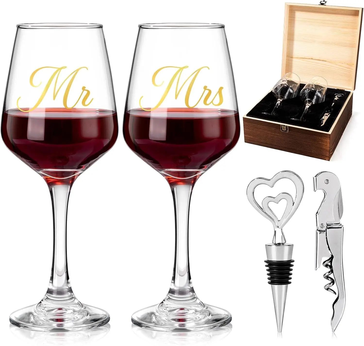 Mr and Mrs Wine Glasses, Wedding Gifts for Couples, Engagement Gift for Newlyweds, Bridal Shower Gift, Anniversary Wine Glass Wine Opener Stopper with Engraved Wooden Keepsake Box for Bride and Groom