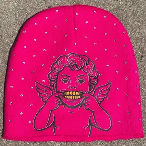 Pink Grilled Angel Beanie Designed with Rhinestones for Stylish Winter Wear