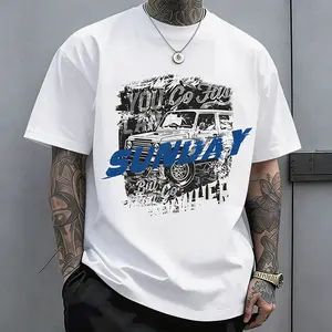 Men’s black-and-white short-sleeve printed T-shirt — street fashion casual crew neck, suitable for everyday outdoor wear