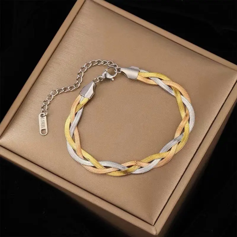 Elegant Braided Bracelet in Gold, Silver, and White Colors with Secure Clasp and Chain Closure