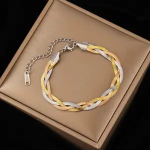 Elegant Braided Bracelet in Gold, Silver, and White Colors with Secure Clasp and Chain Closure