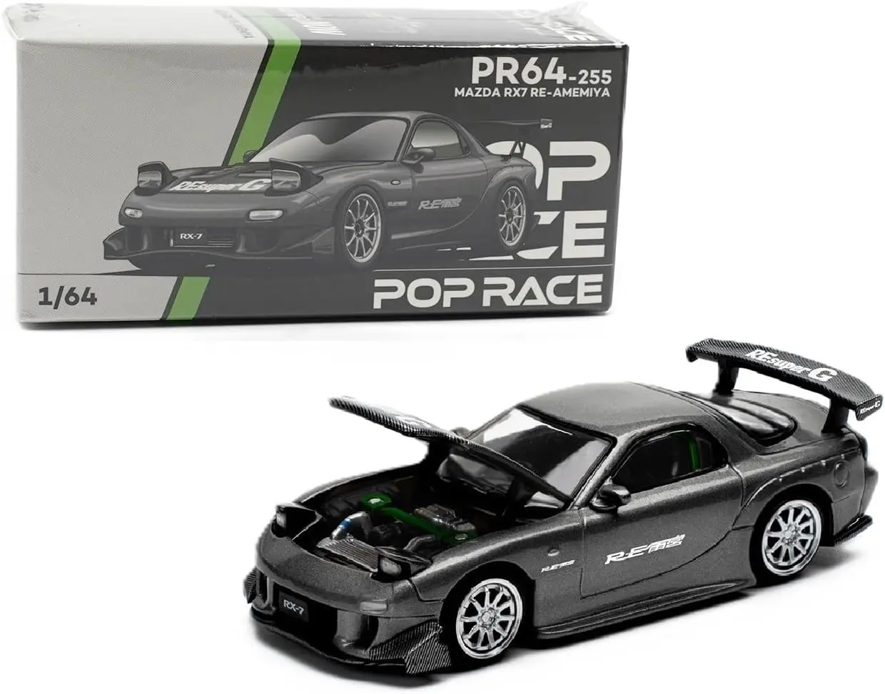 Pop Race 1:64 Mazda RX7 RE Amemiya Gun Metal with Carbon Top Diecast Model Car Limited Edition PR640255