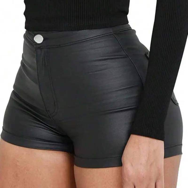 Women's Faux Leather Shorts - Lady's Elegant High-Waisted, Casual Chic, Clean Lines, Sexy Short Length, Solid Coated Finish for Autumn Winter Everyday Wear, Clothes, High Waist, Leather & Faux Leather