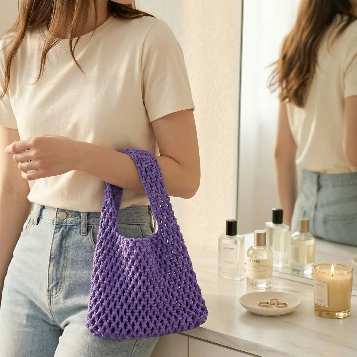 Women's Casual Crochet Handbag Hollow Out Woven Clutch Small Purse with Top Handle Mom Gift for Summer Travel