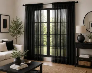 2PC Black Sheer Curtain Fabric Panels, Rod Pocket Window Voile Drapes, Lightweight Privacy Curtains