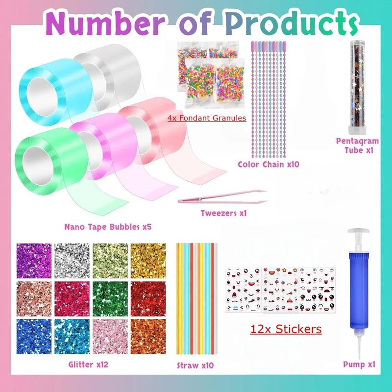 Nano Tape Bubble Kit, Nano Double Sided Adhesive Tape Bubbles, 5Pcs Nano Tape,1m/3.28 ft Each Roll Nano Tape Double Sided Tapes with Luxe Glitter, Clay, Beads, Cute Stickes for Party Favors