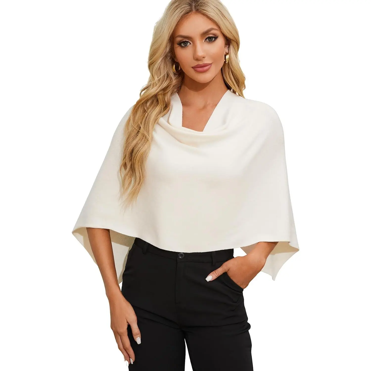 Women Capri Poncho Sweater Slimming Fit Cropped Versatile Shawl Soft Knit Wraps Cowl  Short Tops