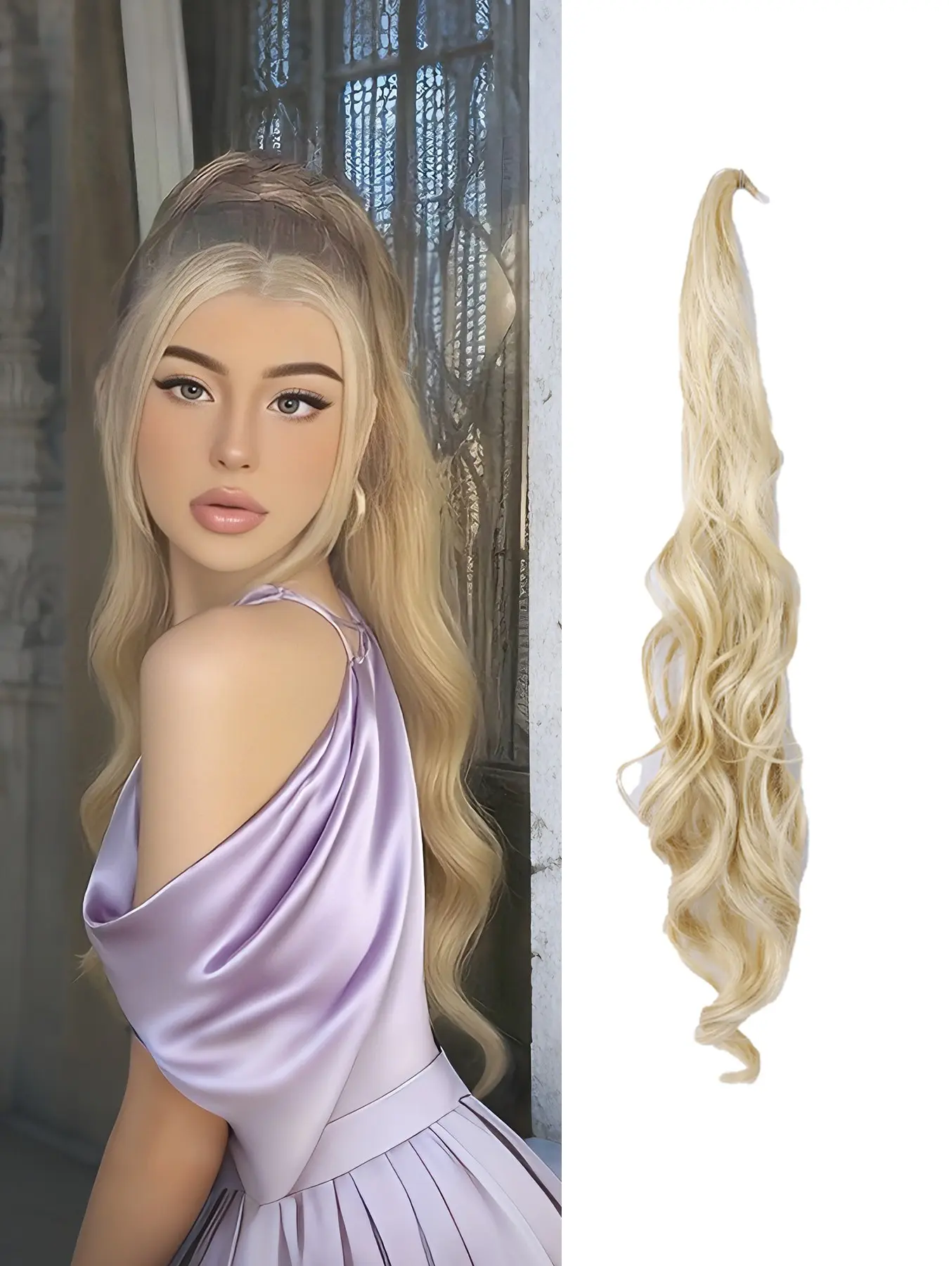 Ponytail Extension Flexible Wrap Around Hair Piece - Soft Synthetic Hair, Synthetic Hairpieces, Long Wavy Curly Hair Extensions for Women（32Inch,GOLDEN)