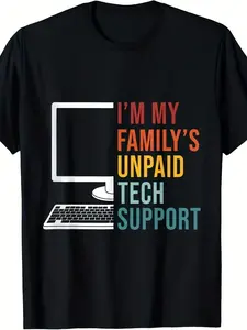 Men's Classic Cotton "I'm the Free Tech Support at Home" Slogan T-Shirt - Soft, Breathable, Retro Computer Prints, Short-Sleeved, Casual Crew Neck Fashion Menswear Top for IT Professionals, Geeky Humorous Gift