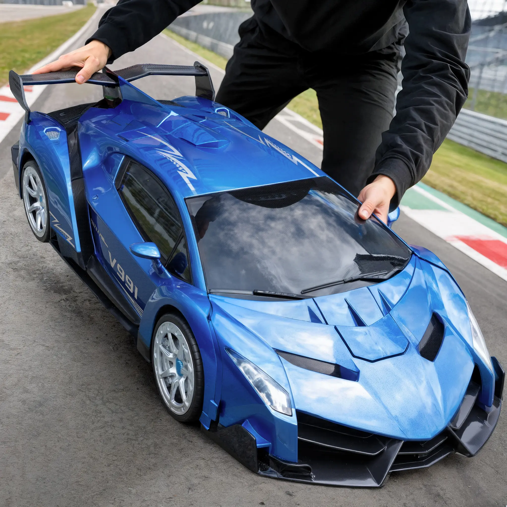 Veeniix V991 Transforming Robot RC Hobby Car - 1:10 Large Size (11.8x13.8x15.2in), 2 Rechargeable Batteries (w/Cells), 70Min Runtime, 2.4GHz Gesture Sensing, 1-Key Deformation, Automatic Demonstrations, Boy Gifts for 4-6 Years (Blue)