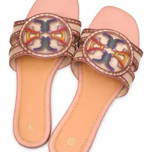 Women's Summer Flat Slide Sandals Open Toe Casual Comfortable Slip On Mule Shoes for Beach Vacation Yoga Walking with Colorful Embellishments