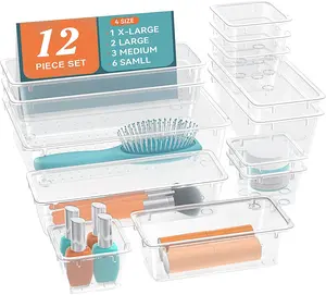 12 PCS Drawer Organizer Set - Clear Plastic Organizer for Makeup, Stationeries, Kitchen, Bathroom & Office Storage Bins