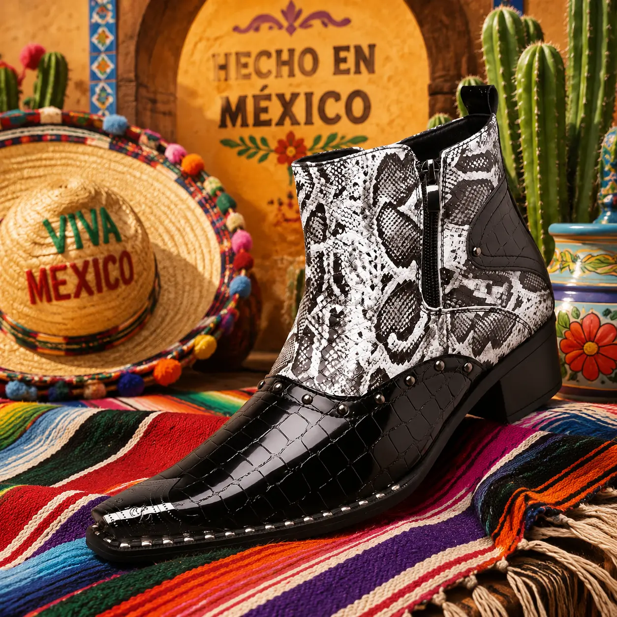 Men's Cowboy Boots Western Style Pointed Toe Fashion Combat Boots Glossy Crocodile Pattern Ankle Boots