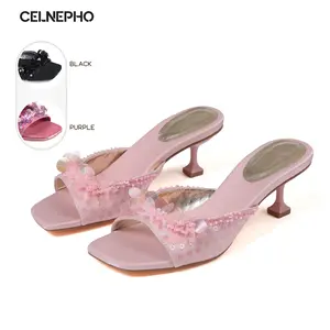 CELNEPHO Sandals for Women Open Square Toe Stiletto Heel Sequin Ornamented Mules Easy Slip on Kitten Heeled Party Wedding Date Everyday Wear Dress Shoes