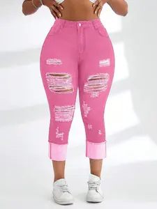 Women's Plus Size Distressed Denim Jeans, Washed Look, Tight Fit Skinny Nine-Quarter Pants, Casual Fashion, Comfortable and Stylish
