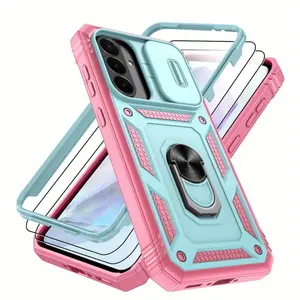 3pcs [1 Phone Case with 2X Clear Screen Protectors]with 360° Rotate Ring Kickstand & Slide Camera Cover, Shockproof Drop Protection Cases for Samsung S26 S24 S23 S22 S21 S20 FE S25 Edge