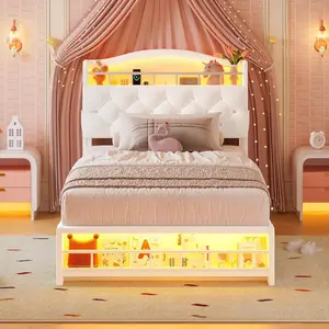 HAUOMS Twin Size Bed Frame with LED Lights, Princess Velvet Upholstered Platform Bed for Girls, Headboard with Charging Station & Guardrail & Crystal Button