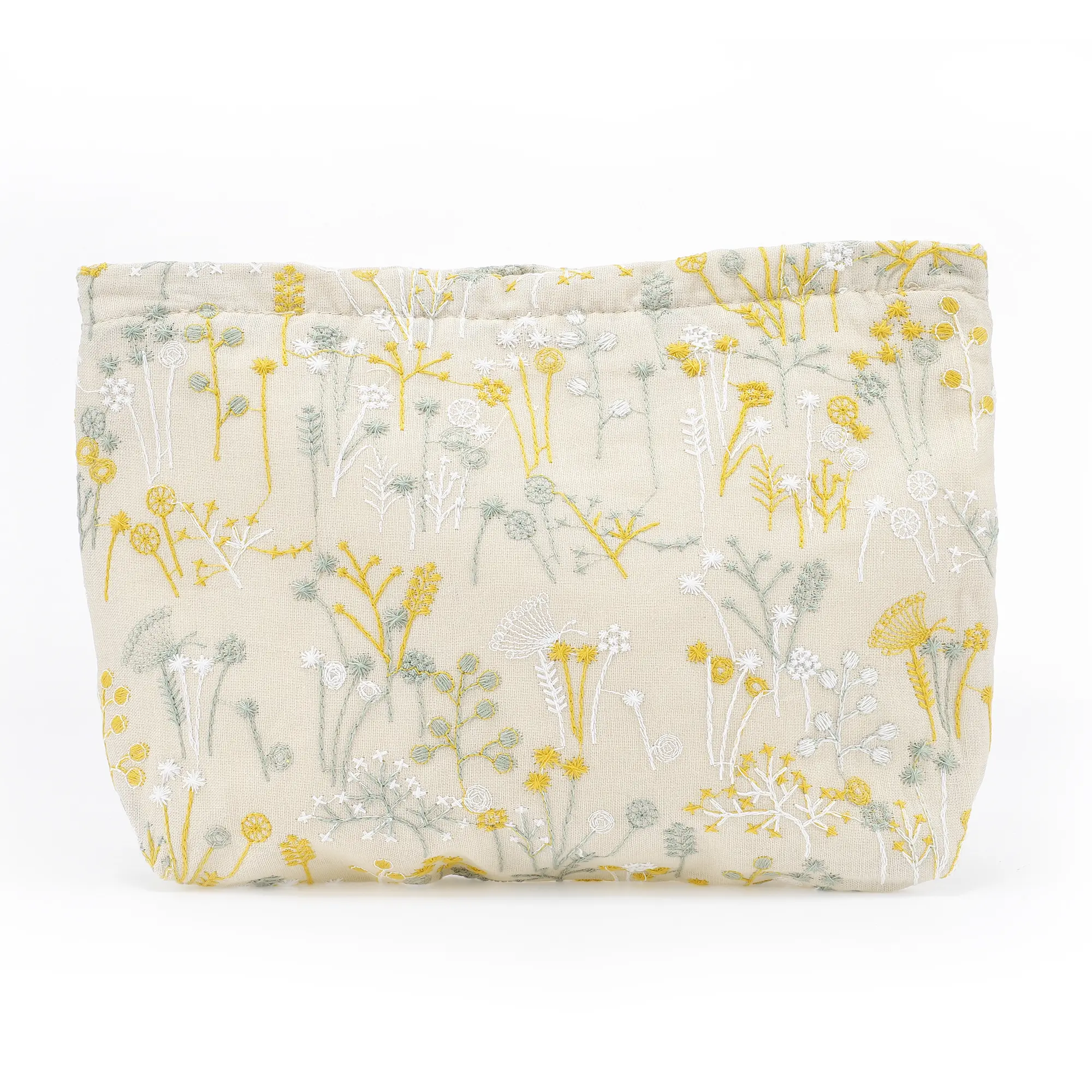 CHEIBEAR Women's Embroidery Makeup Bag for Outdoor Activities Travel Beige Yellow Cotton Linen
