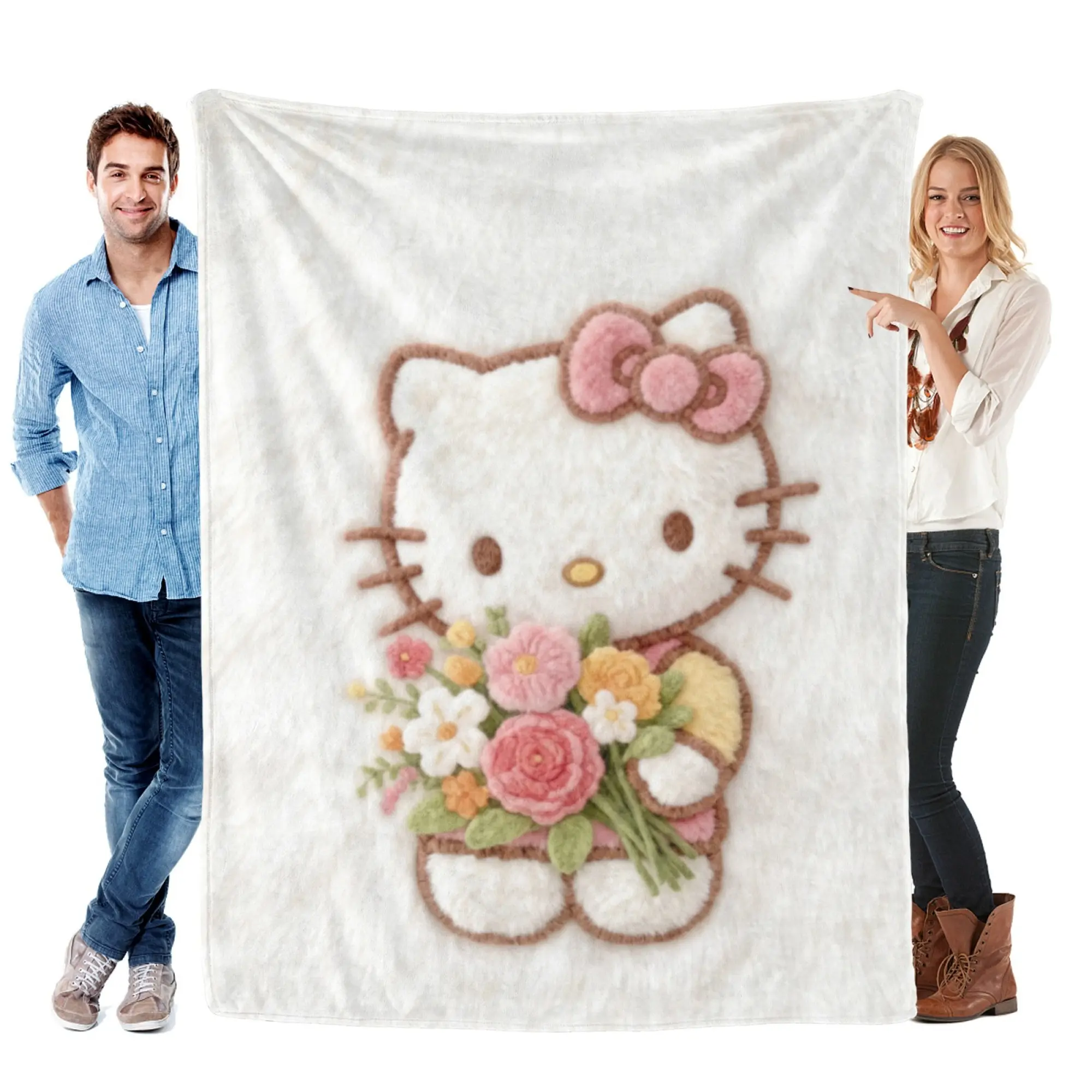 [SummerVibes] SANRIO CLASSIC Hello Kitty Faux-Felt Floral Flannel Blanket - Soft Cozy, Vibrant 2D Print for Home, Couch & Office Nap
