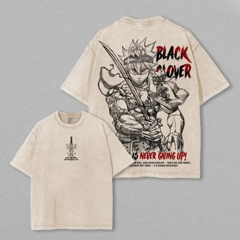 lack Clover Vintage Retro 90s T-Shirt Washed Oversized Heavyweight Cotton Anime Tee, Unisex Manga Streetwear Gift for Anime Fan & Otaku Lover Black Clover Anime Merchandise