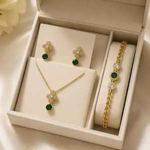 Luxury Emerald clover jewerly setfor women-Necklace, earrings & Bracelet Gold Plated