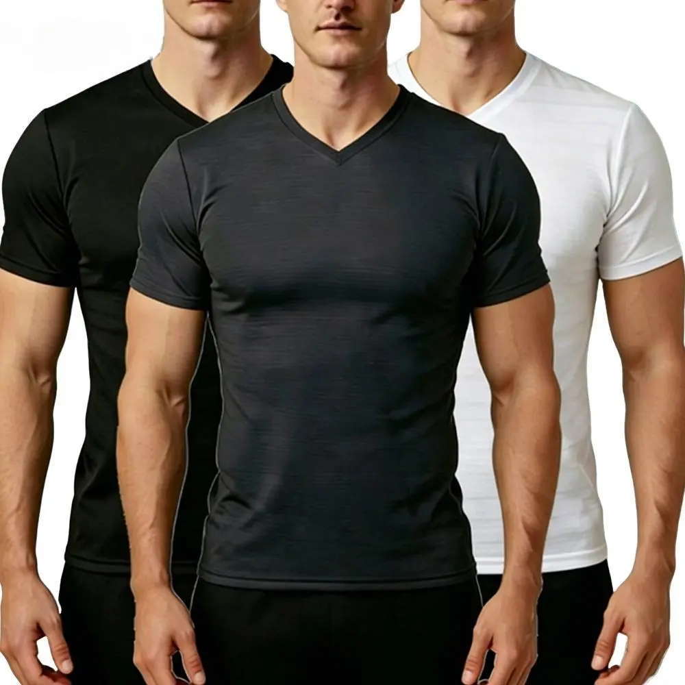 Men's Tummy Control Body Shaper T-Shirt, Deep V-Neck Fitted Compression Undershirt in Stretchy Ice Silk for Casual Summer Wear, 1-3 Pack, Vests, Shortsleeve, Raglan Sleeves, Slim-Fitting, Minimalist, Smooth Under Tees Black Menswear