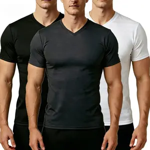 1-3 Pack Men's Ice Silk Short-Sleeve V-Neck Plain T-Shirt Shapewear Vests, Raglan Curved Hem, Soft Stretchy Casual Basic Summer Tops Black Menswear