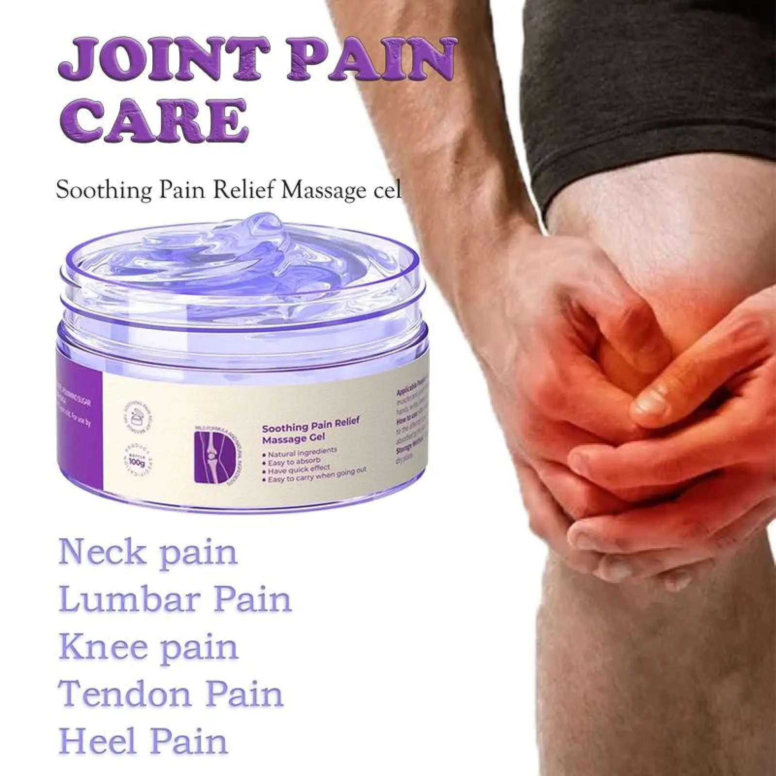 Relief massage gel, soothes knees, relieves pain in neck, waist, hands and feet, with turmeric extract, sodium sulfate, chondroitin, emu oil and other natural ingredients.