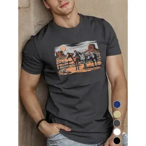 Men's Casual Western Horses & Desert Landscape Shortsleeve Streetwear T-Shirt - 100% Polyester Round Crew Neck, Slight Stretch Knit Fabric, Loose Regular Fit, 150gsm Geometric Summer Menswear Top